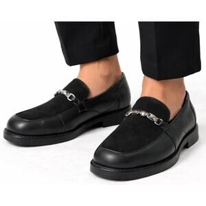 Vittorio Ponti Black Suede Leather Loafer Silver Buckle Square Toe Men 9 Slip on